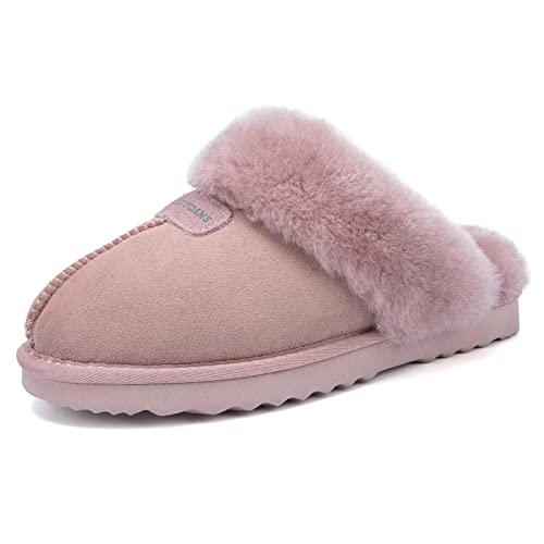 FUZZYFOAMS Genuine Australian Sheepskin Women Slippers Memory Foam Shearling Slipper Water Resistant Warm and Fluffy Indoor Outdoor House Shoes U822YMBT901.SY-Dusty Pink-39