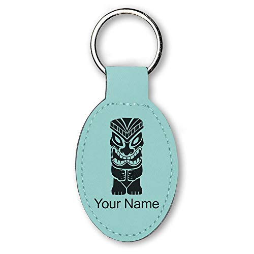 LaserGram Oval Keychain, Tiki Statue, Personalized Engraving Included (Teal)