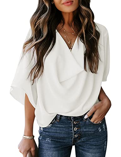 Dokotoo Plus Size Women's V-Neck Chiffon Top - Short Sleeve, Business Casual, White XXL