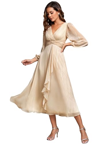 Ever-Pretty Women's Stunning A Line Pleated Tea Length Mother of The Bride Dresses with Sleeves Champagne US6