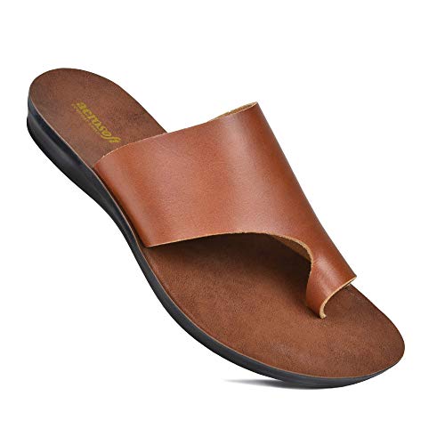 AEROSOFT Comfortable Walking Summer Vacation Essentials Flat Sandals for Women (US-10, Daffodil Soft Brown)