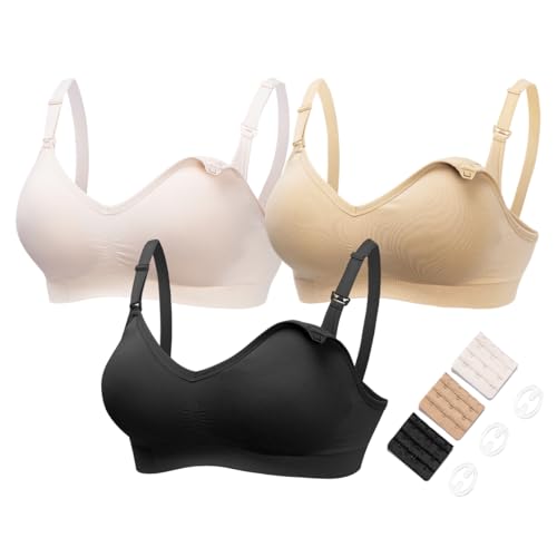 HOFISH Women's Plus Size Wireless Breastfeeding Nursing Bras, 3pcs/Pack (Push Up:Pink-Black-Beige), Medium