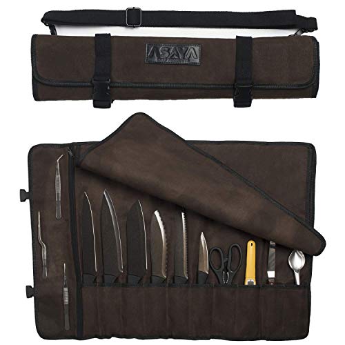 Asaya Canvas Chef Knife Roll Bag - 10 Knife Slots and a Large Zipper Pocket - Durable 10oz Canvas Knife Case with an Adjustable Shoulder Strap - Knives not Included