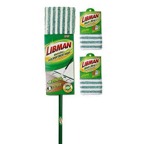 Libman Wet & Dry Microfiber Mop Kit Plus Refills | Dust Mop for Hardwood Floors | Wall Mop | Mops for Floor Cleaning | 3 Total Microfiber Mop Pads Included | 1 Handle & Base,Green/White