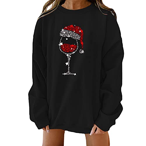 Womens Pullover Christmas Wine Glass Print O Neck Long Sleeve Loose Baggy Sweatshirt Fall-Winter Comfy Athletic Workout Tunic Womens Cotton Christmas Sweatshirt Womens Christmas Pullover Sweater