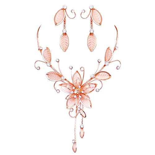 Rosemarie & Jubalee Women's Stunning Large Metal Mesh Flower With Crystal Accents Collar Necklace And Dangle Earrings Jewelry Set, 14'+3' Extension (Rose Gold Tone)