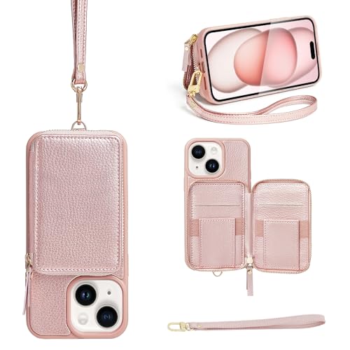 ZVE Wallet Case for iPhone 15, Phone Case with Card Holder Wrist Strap Compatible iPhone 15, RFID Blocking Zipper Leather Gift Cover for Women for iPhone 15, 6.1'(2023) - Rose Gold