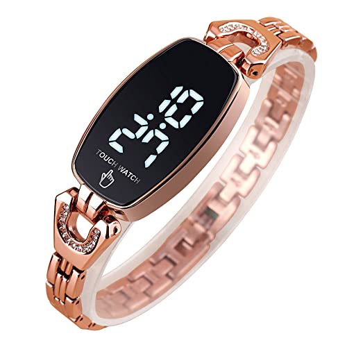 zolohoni Stainless Steel Digital Watches for Women, LED Touch Screen Bracelet Watches Waterproof Elegant Crystal Wrist Watch Clock for Ladies Teens Girls(Silver/Rose Gold)