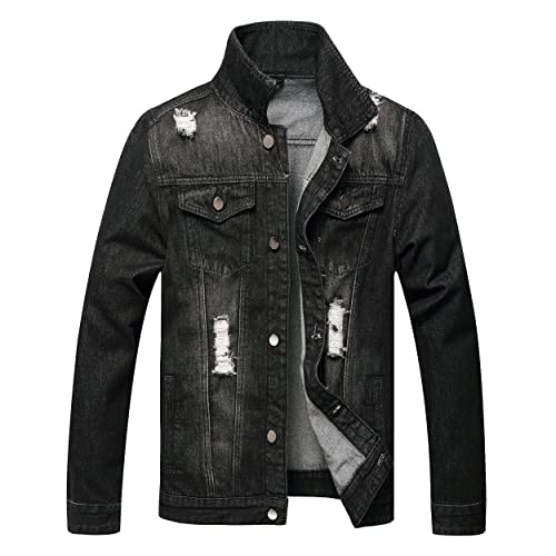 LAMKUKU Mens Denim Jacket Ripped Slim Jean Jacket Coat for Men
