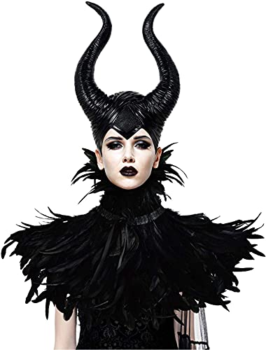 HOMELEX Maleficent Feather Horns Costume for Women Black Evil Queen Cape Halloween Headpiece Shawl Accessories