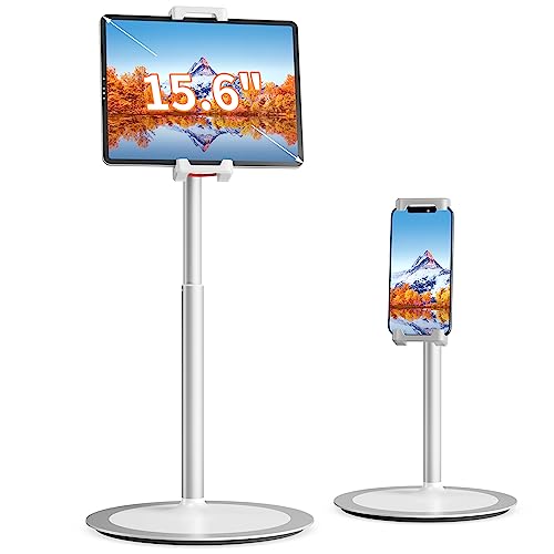 SAIJI Tablet Stand Holder, Height Adjustable Portable Monitor Stand, 360 Degree Rotating, Aluminum Alloy Cradle Mount Dock for 4.7'-15.6' Screen iPhone Samsung, iPad, Kindle, eBook Reader (Silver)