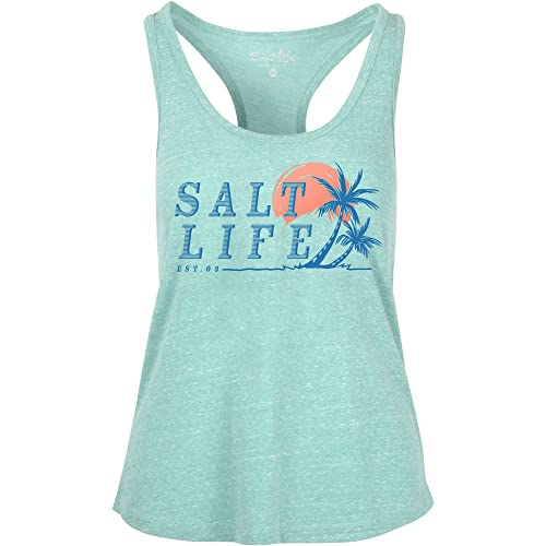 Salt Life Leaning Palms Tank Sleeveless Classic Fit Shirt, Aqua Sea, Large