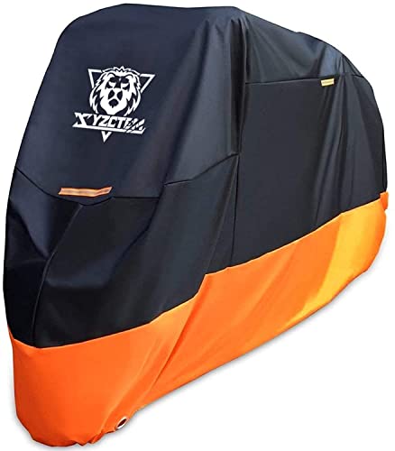 XYZCTEM Motorcycle Cover – All Season Waterproof Outdoor Protection – Fit up to 116 inch Tour Bikes, Choppers and Cruisers – Protect Against Dust, Debris, Rain and Weather(XXXL,Black& Orange)