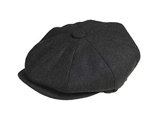 Peaky Blinders Men's 8 Piece 'Newsboy' Style Flat Cap Wool (X-Large (61cm), Black Herringbone)