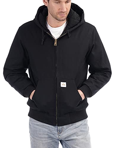 MOERDENG Men's Quilted Flannel Lined Active Jacket Waterproof Cotton Duck Hooded Workwear Winter Coat