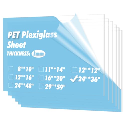 Art3d 5-Pack of 24×36' PET/Plexiglass Sheets, Transparent Clear Flexible Plastic Sheet Panels for Craft, Picture Frames, Sign Blank, DIY Display Project