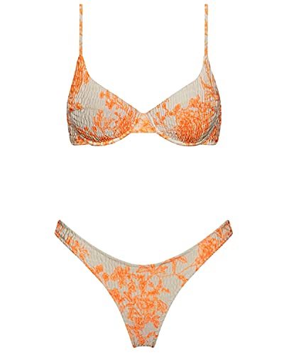 VOLAFA Women's Triangle Bikini Textured Frilled Smocked Ruched Push Up Swimsuit Two Piece Bathing Suit (Orange1, Small, Numeric_4)