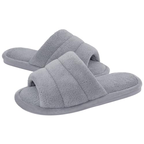 shevalues Unisex Terry Cloth Open Toe Slippers Womens Memory Foam Slip On House Slippers Shoes, Grey, 7.5-8.5 Women/6-7 Men