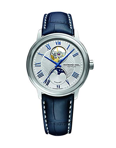RAYMOND WEIL Maestro Men's Automatic Watch, Moon Phase Functions, Visible Balance Wheel, Silver Dial, Roman Numerals, Stainless Steel, Blue Leather Strap, 39.5 mm (Model: 2240-STC-00655)
