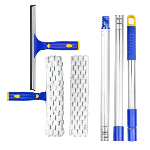 ITTAR Window Cleaner Rotatable Squeegee and Microfiber Scrubber with Extendable 3 Section Stainless Steel Pole,Window Cleaning Tool with 2 Microfiber Pads for Shower Glass Door,Car Windshield