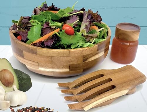 Voce Wooden Salad Bowl Set with Servers and Dressing Jar - Large Acacia Wood Serving Bowl for Salads, Fruits, Pasta, Cereal - Big Salad Bowl with Serving Utensils - Salad Mixing Bowls, 11' D x 4' H