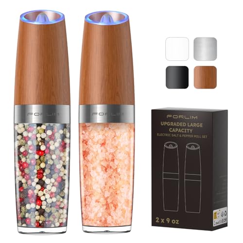 [Upgraded 9 Oz] FORLIM Gravity Electric Salt and Pepper Grinder Set, Battery Powered One Hand Automatic Operation, Adjustable Coarseness, LED Light - 2 Pack