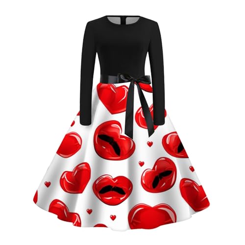 FAMOORE Plus Size Womens Christmas Dress Printed Round Neck Evening Dress with Full Swing Skirt Mesh Bell Sleeve (Blue, M)