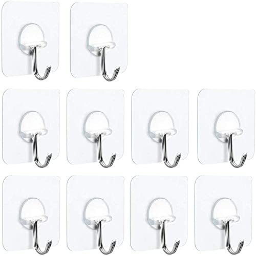 Fotosnow Adhesive Hooks Heavy Duty 15lbs(Max) Transparent Wall Hooks Reusable Seamless Shower Hooks Stick on Hooks For Hanging Bathroom Kitchen Outdoors -10 Pack