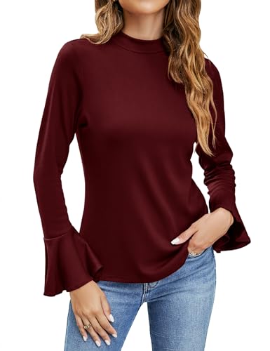 Micoson Women's Mock Neck Bell Sleeve Tops Solid Flare Long Sleeve Shirts Casual Loose Ruffle Sleeve Soft Blouse Burgundy L