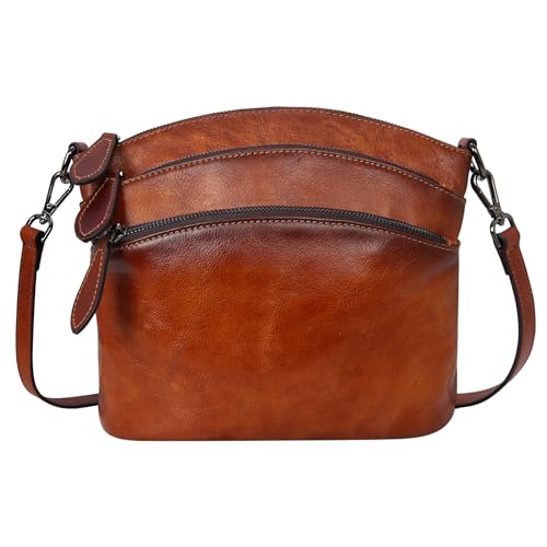 HESHE Crossbody Bags for Women Genuine Leather Purses with Multi-Pockets Vintage Ladies Small Shoulder Satchel Bag (Brown)
