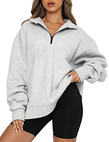 Trendy Queen Womens Oversized Sweatshirts Half Zip Up Crewneck Long Sleeve Pullover Cute Hoodies Fall 2024 Teen Girls Y2K Clothes Grey