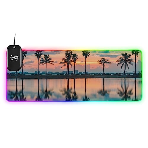 Palm Tree Sunrise Wireless Charging Mouse Pad for Mobile Phone Extra Large Gaming Mousepad with 13 Lighting Modes Extended Desk Mat for Office Home Gaming MacBook PC Laptop Desk