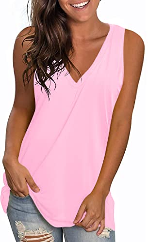 LONGYUAN Pink Women's 2023 Summer Tank Tops Sleeveless Casual T Shirts V Neck Tunics Soft Loose Fit Blouses,Large