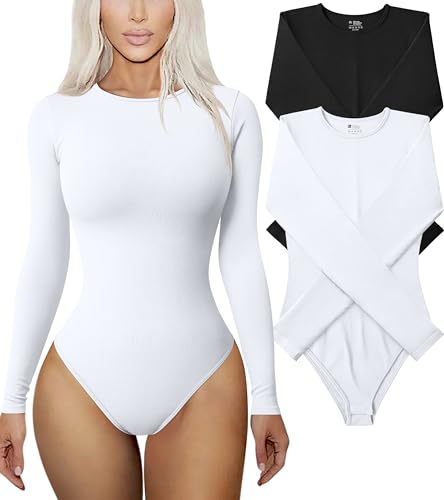 TOB Women's 2 Piece Bodysuits Sexy Ribbed One Piece Long Sleeve Round Neck Tops Bodysuits Black White
