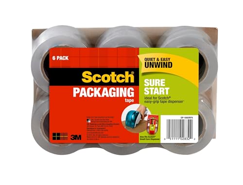 Scotch Sure Start Packing Tape, Clear, Holiday Wrapping Tape with Quiet Unwind and Easy Start, 1.88 in. x 25 yd., 6 Tape Rolls