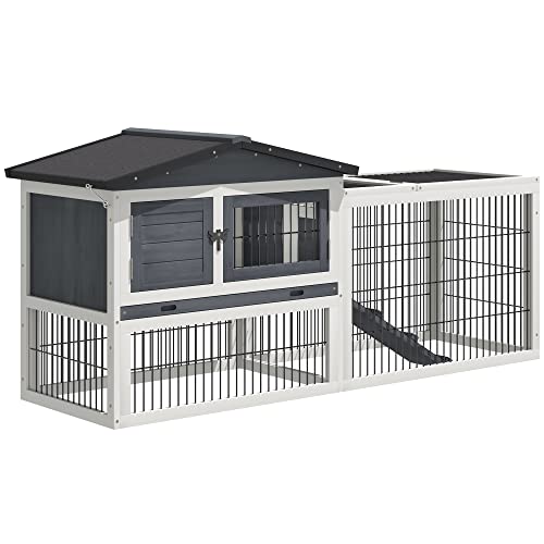 PawHut Rabbit Hutch, 2 Story Outdoor Bunny Cage with Slide-Out Tray, Run Cage, Openable Top for Rabbits, Guinea Pig, Dark Gray
