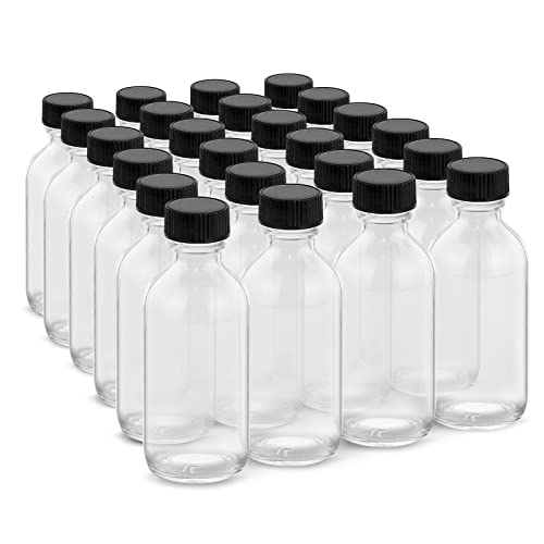 Rionisor 2OZ Small Glass Bottles with Lids and Funnels, 60ml Boston Round Glass Bottles, Mini Bottles, Perfect for Diy Essential Oils, Perfumes, Whiskey and Juices, 24 Pack Clear