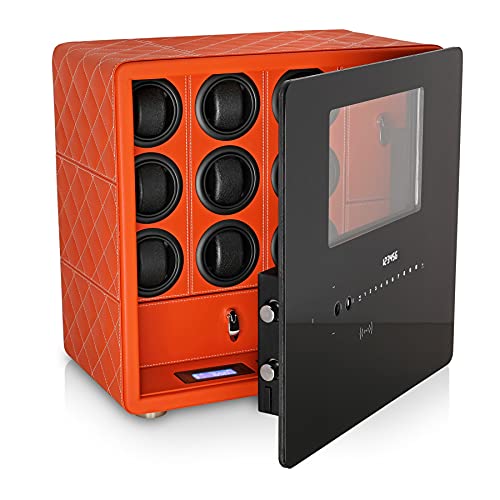 Watch Winder Security Safe for 9 Watches with Jewelry and Money Compartments, Digital Lock, Alarm Option and Interior Backlight (Orange)