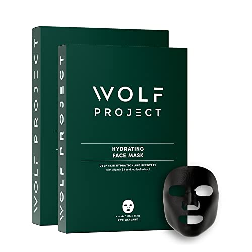 Wolf Project Men's Moisturizing Full Face Mask Sheets - Charcoal Face Sheet Mask with Hyaluronic Acid, Vitamin B3, Natural Serum - Pack of 8