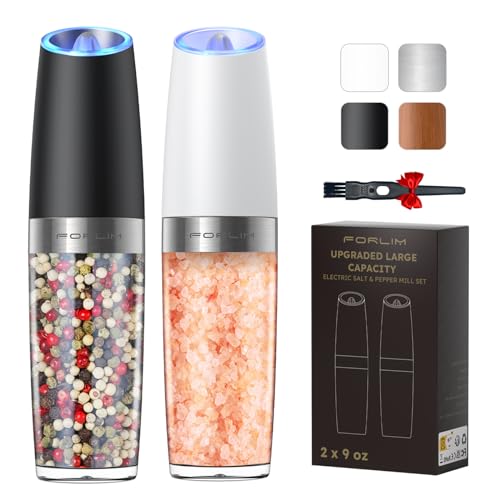 [Upgraded 9 Oz] FORLIM Gravity Electric Salt and Pepper Grinder Set, Battery Operated Automatic Salt and Pepper Shakers, Adjustable Coarseness, LED Light Stainless Steel Black - 2 Pack