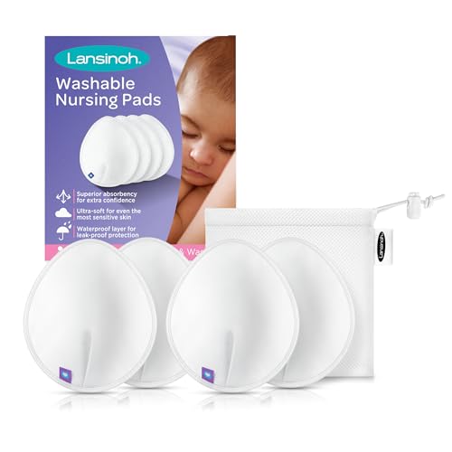Lansinoh Reusable Nursing Pads, Nursing Essentials for Breastfeeding Mothers, 4 Absorbent Nursing Pads With Mesh Wash Bag, White Pads