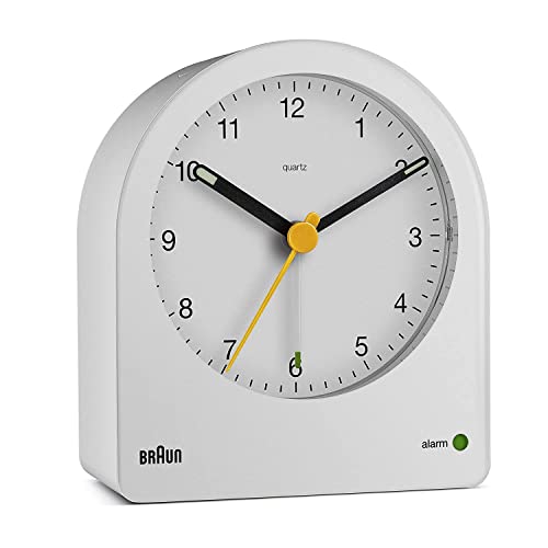 Braun Classic Analogue Alarm Clock with Snooze and Continuous Backlight, Quiet Quartz Movement, Crescendo Beep Alarm in White, Model BC22W.
