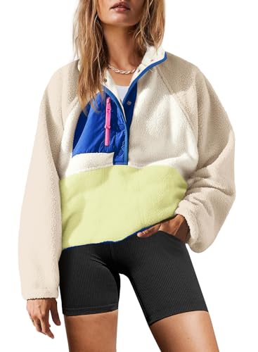 Yanekop Womens Fuzzy Fleece Pullover Sherpa Sweatshirt Long Sleeve Button Down Sweater Jacket with Pockets(Beige Khaki Blue,M)