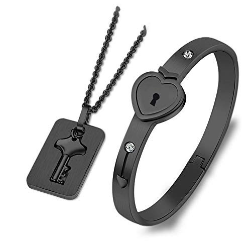 SONGCHANGJEWELRY Lock Bracelet and Key Necklace - Titanium Steel Couples Jewelry, Romantic Gift for Valentines Day, Birthday, Christmas, Wedding, Anniversary (black heart lock bracelet)