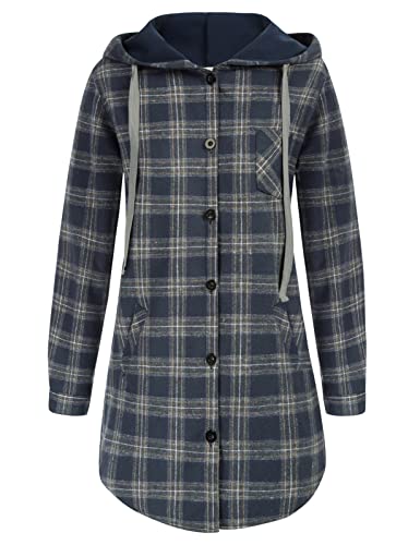 Women's Long Sleeve Buffalo Check Plaid Button Down Hooded Shirt Dark Blue