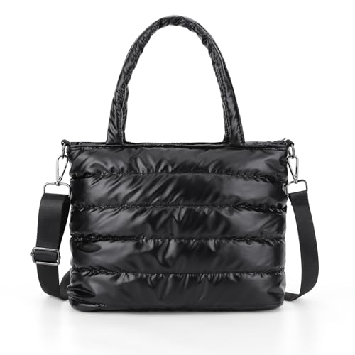 Puffer Tote Bag for Women Quilted Puffy Handbag Lightweight Winter Down Cotton Padded Shoulder Bag Down Padding Crossbody Handbag for Office, Travel, School