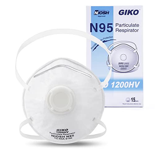 GIKO N95 Respirator Masks - 15Pcs NIOSH Certified Safety Masks Cup Particulate Respirator Mask with Breathing Valve for Adult, Men, Women, White
