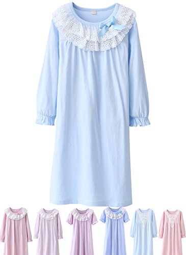 ABALACOCO Girls Kids Princess Lace Nightgown Long Sleeve Cotton Sleepwear Dress Pretty Homewear Dress (12-13 Years, Blue)