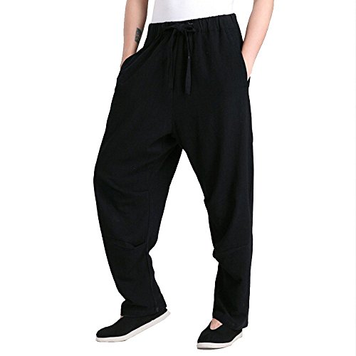 ZooBoo Men's Martial Arts Pants Kung Fu Linen Trousers Tang Suit Pants (S, Black)