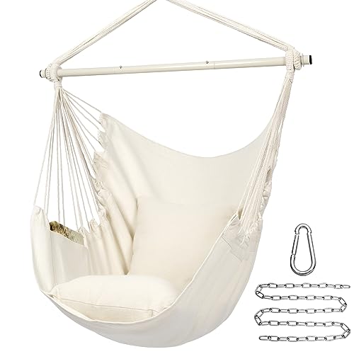 Y- STOP Hammock Chair Hanging Rope Swing, Max 320 Lbs, 2 Seat Cushions Included, Hanging Chair with Pocket for Indoor and Outdoor, Natural